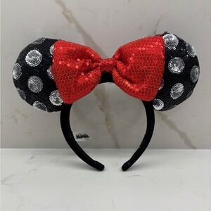 Disney Parks Black Silver Polka Dot Red Bow Sequin Minnie Mouse Ears Headband